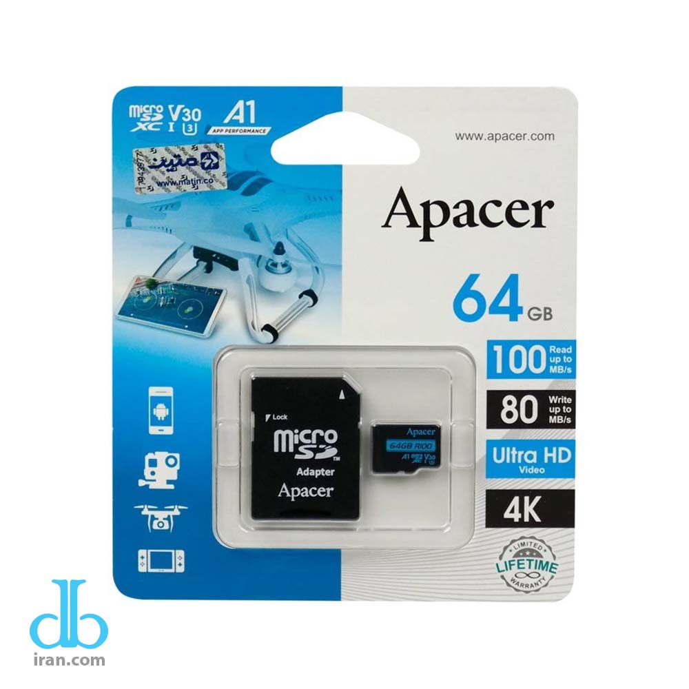 کارت حافظه MicroSDXC اپیسر A1 کلاس 10 استاندارد U3 با سرعت 100MB ظرفیت 64 گیگابایت